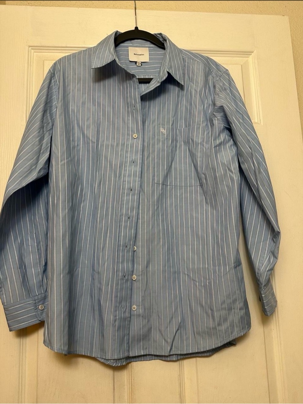 Reformation Light Blue and White Pinstripe Button-Up Blouse
